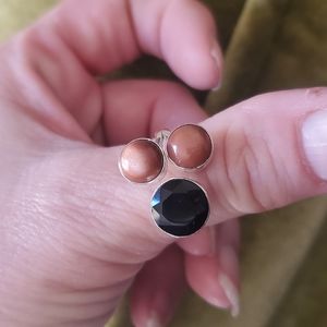 New Black Spinnel & Sunstone Adjustable 925 Silver Cuff Ring.